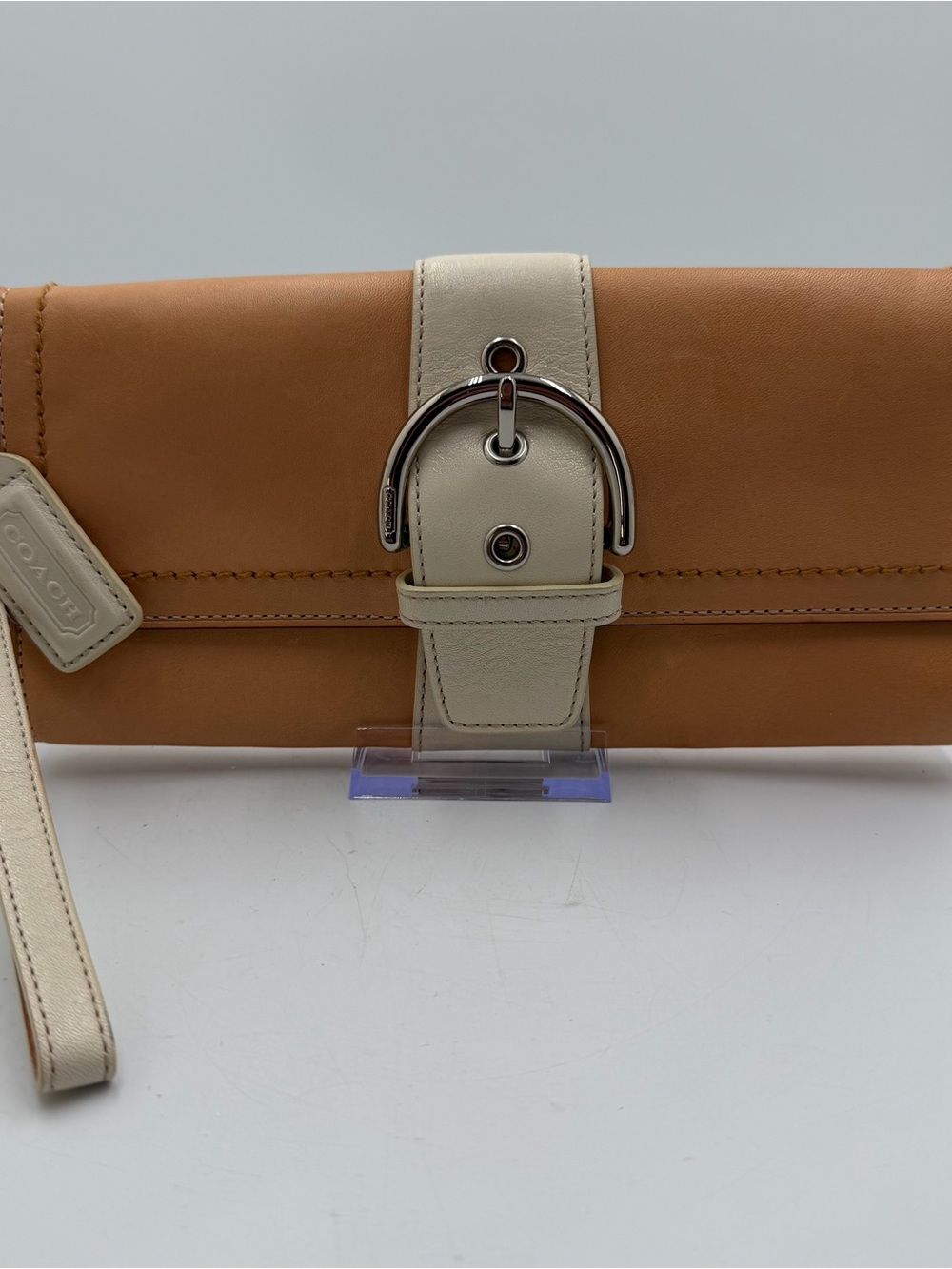 Vintage Coach Vachetta Tan and White Leather Clutch